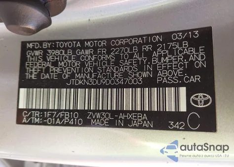 2013 Toyota Prius Two from USA, damaged, VIN JTDKN3DU9D0347003